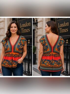 London Times Multicolored Sleeveless Babydoll Blouse 14